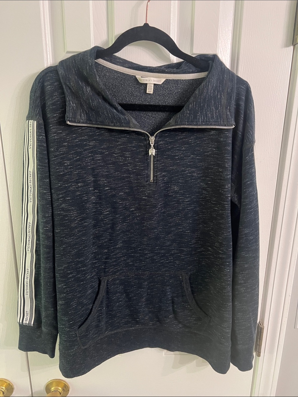 Victoria's Secret Navy Heather Half‑Zip Pullover with Stripe Sleeve